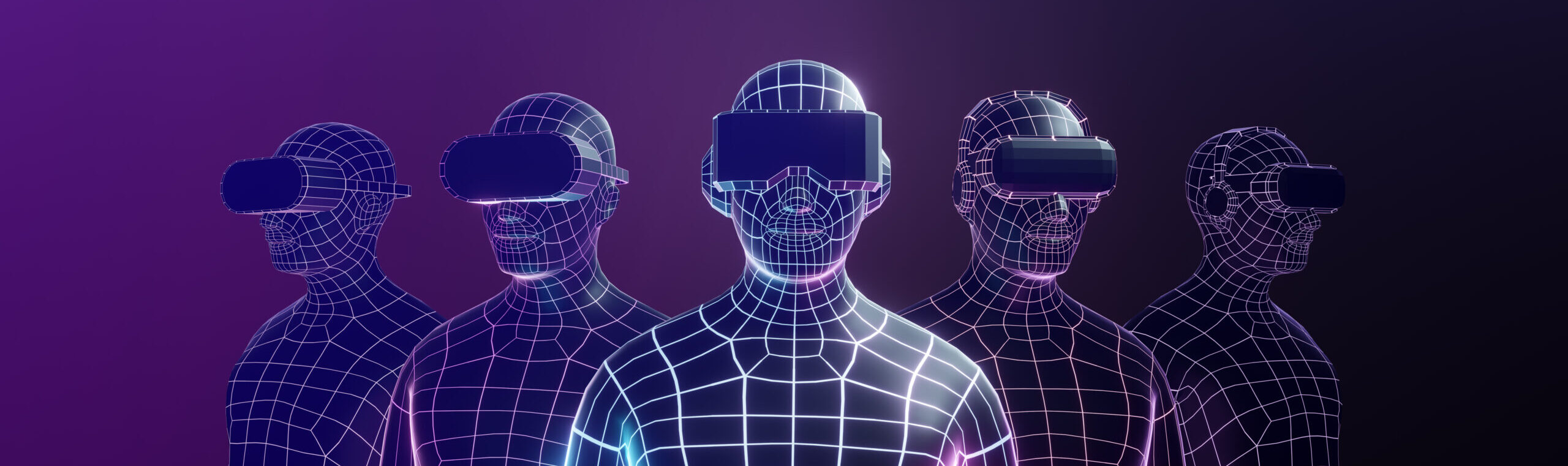 3D wireframe five virtual human team wear VR headset on purple dark background. 3D illustration rendering